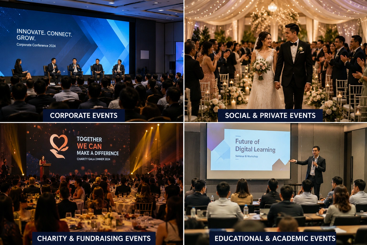 Collage showcasing the four main types of event management including corporate, social, charity, and educational events