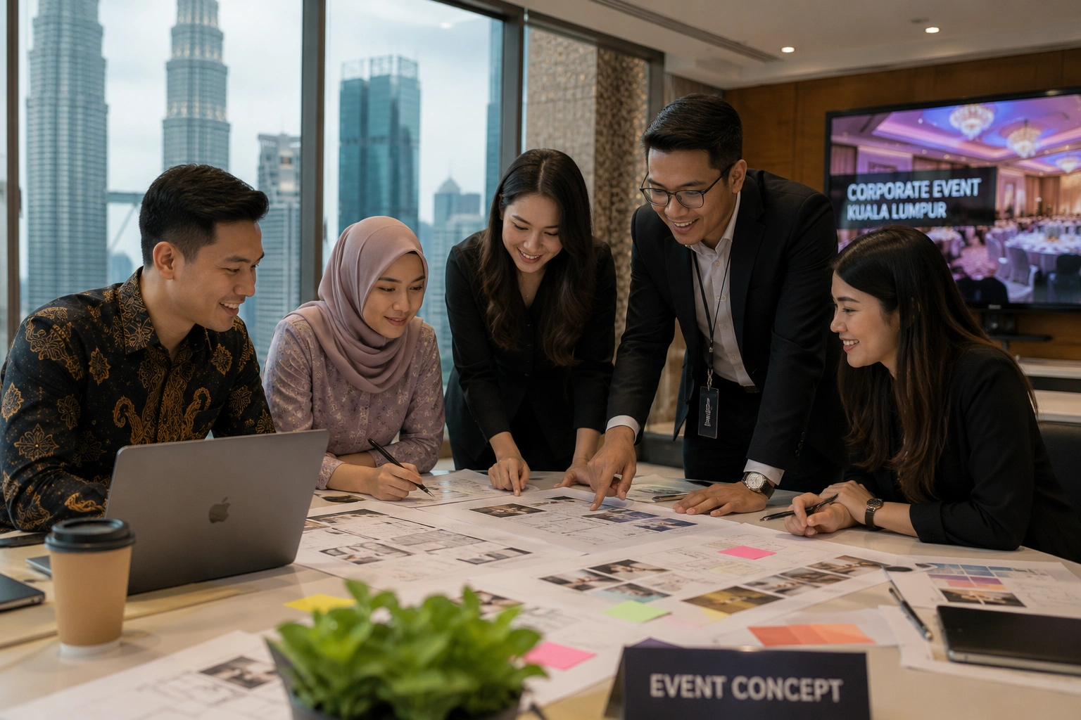 Corporate event planning team reviewing floor plans during office brainstorming session
